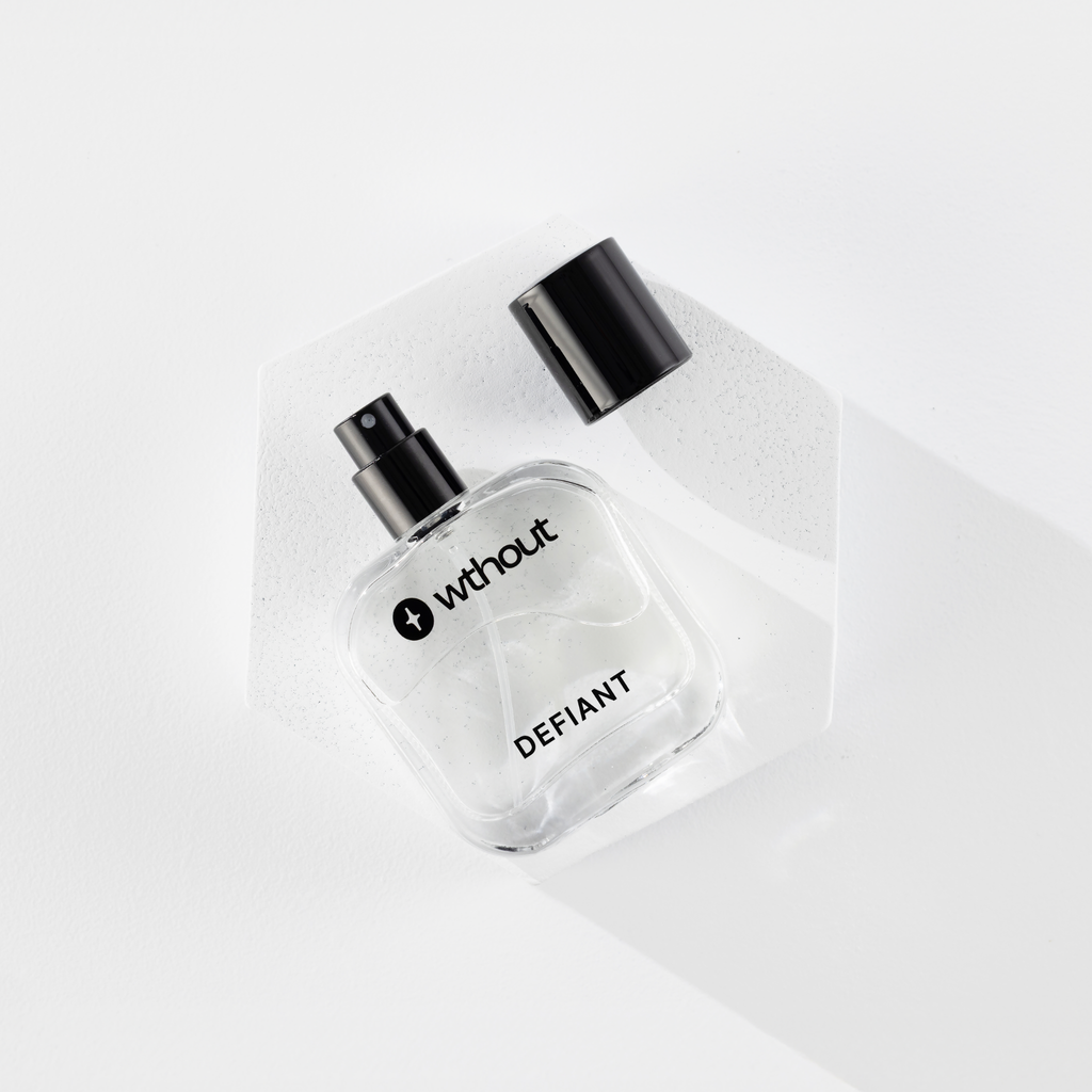Clear bottle with black cap labeled 'without' on a white background