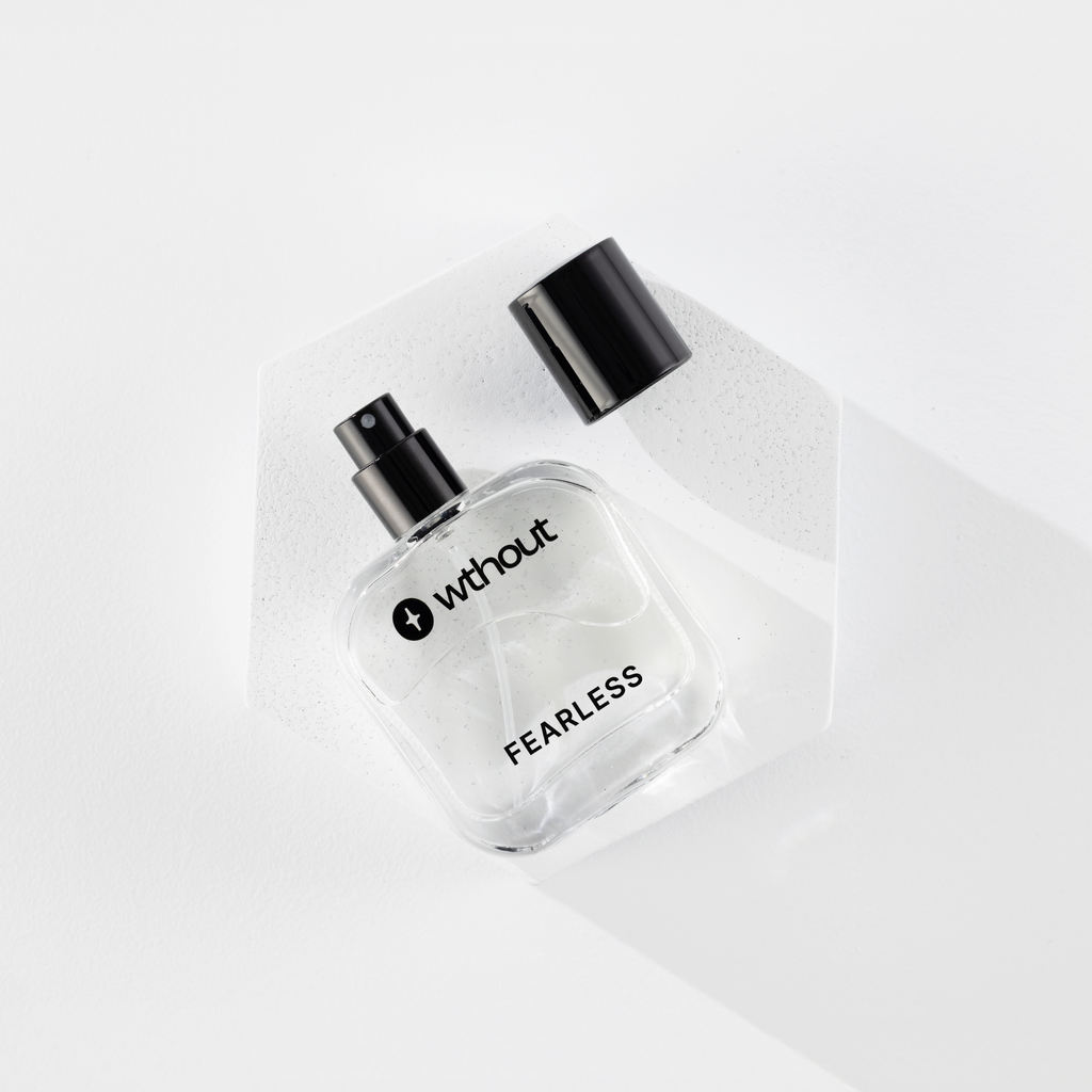 Clear bottle with black cap labeled 'without' on a white background